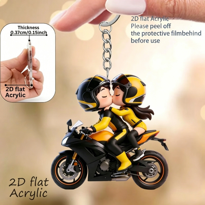 Cross-Border Mini Motorcycle Rider Couple Keychain Backpack Pendant 2D Acrylic Cute Gift Hanging Ornament