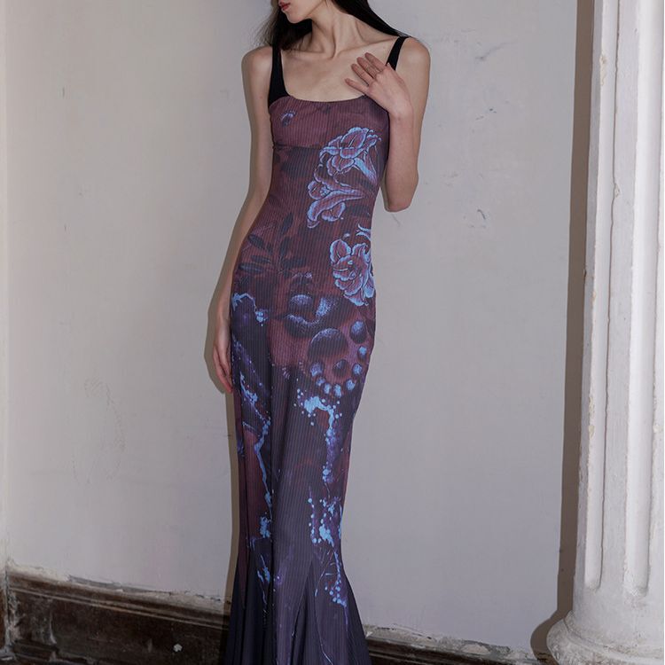 PB138 Explosive Street Style New Y2K Long Dress Printing Stitching Color Waste Earth Style Flower Strap Dress Trendy