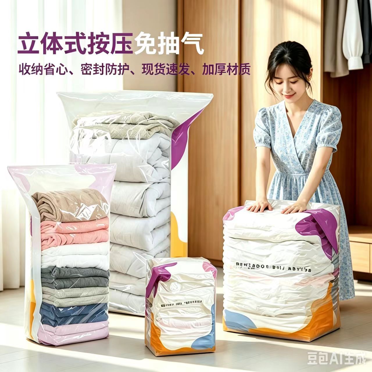 Three-Dimensional Vacuum Compression Bag for Seasonal Quilts, Cotton-Padded Clothes, down Jackets, Thickened Sealed Storage Bag, No Need for Air Extraction, Dust-Proof Storage Bag