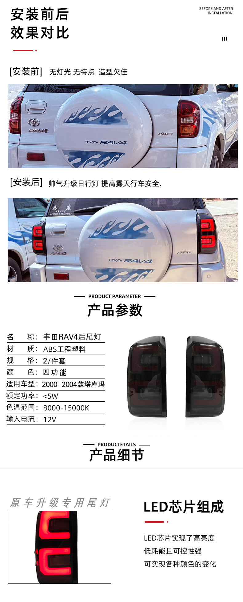 Suitable for 2000-2004 Toyota Rav4 Tail Light Assembly Modification to Include Driving, Brake, and Turn Signal Lights
