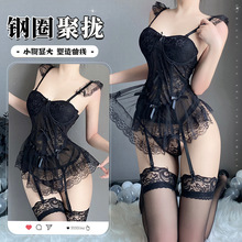 夜如梦甜美网纱透视蕾丝加胸垫钢圈聚拢紧身飞袖情趣睡裙套装8232