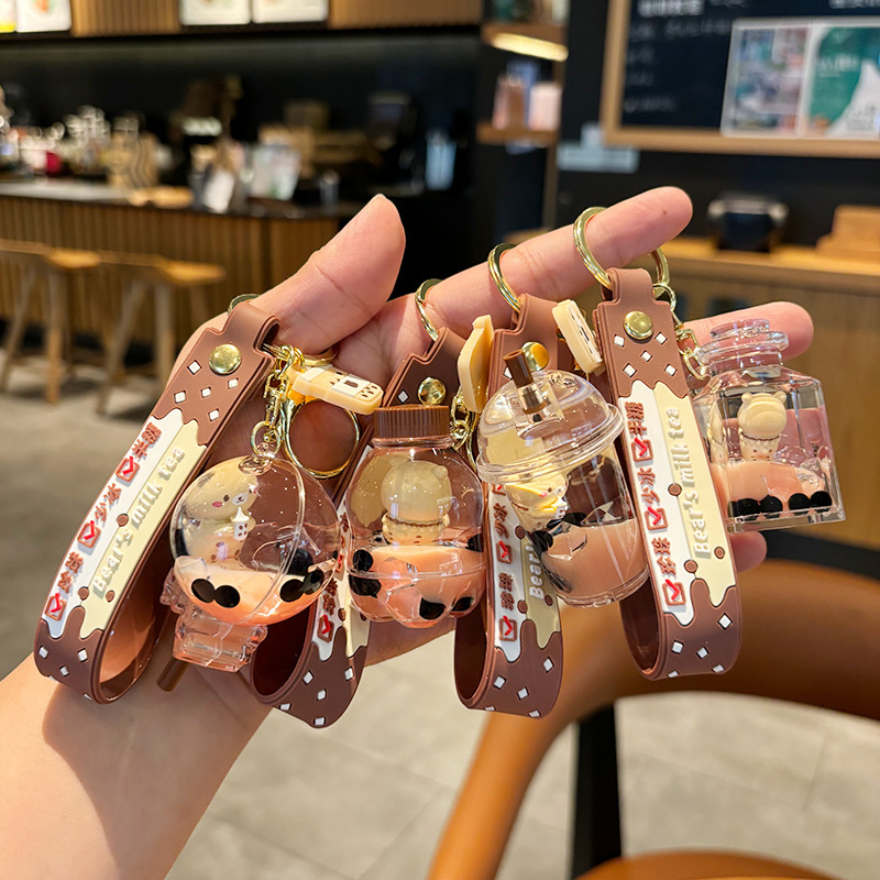 Bubble tea floating bear keychain oil liquid quicksand bottle pendant car key accessories pendant gift