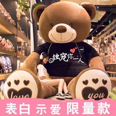 巨大な大熊のぬいぐるみの大きいサイズのぬいぐるみのパンダのぬいぐるみの女の子は熊の誕生日プレゼントを抱いています。
