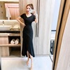 V-neck low cut solid color fishtail A-line long dress party date dress short sleeve dress