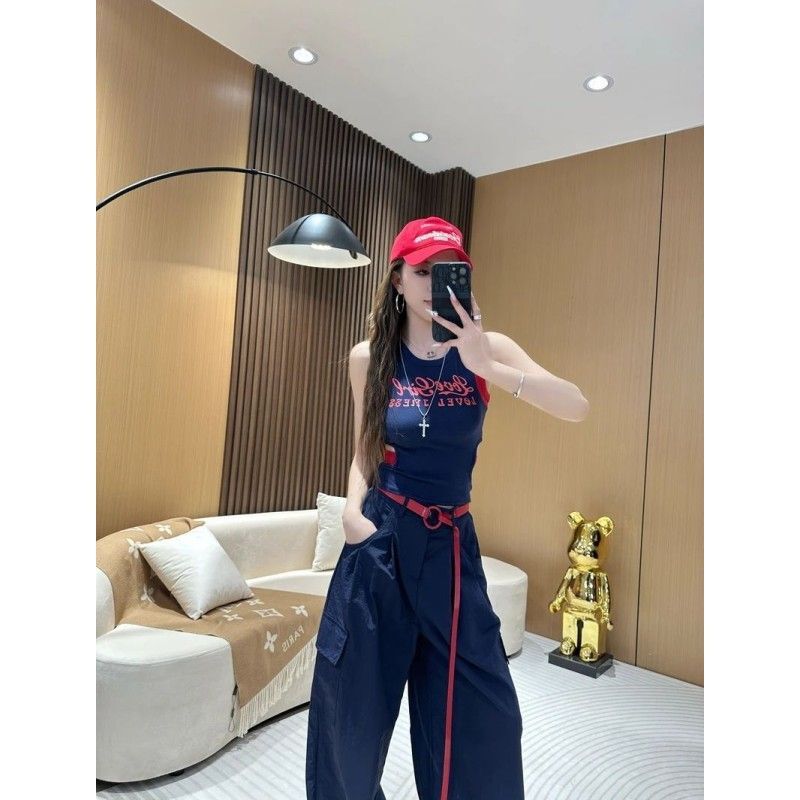 Letter Patchwork Waist-Revealing Sexy Camisole + Cargo Wide-Leg Floor-Length Pants Fashion Casual Slimming Set for Women