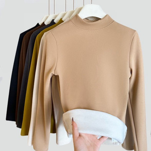 Wool Silk Half Turtleneck Bottoming Shirt for Women in Autumn and Winter with Ab Side Fleece-Lined and Thickeneded Slim Fit Warm Long-Sleeved Women