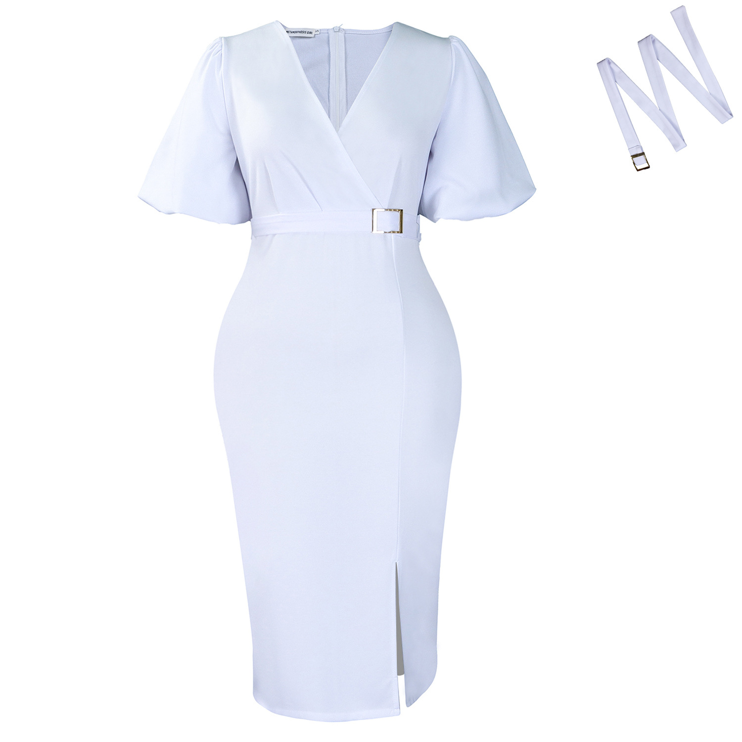 Fashionable Womens Dress V Neck Puff Sleeves Solid Color Bodycon Fit Side Slit Perfect for Parties or Events