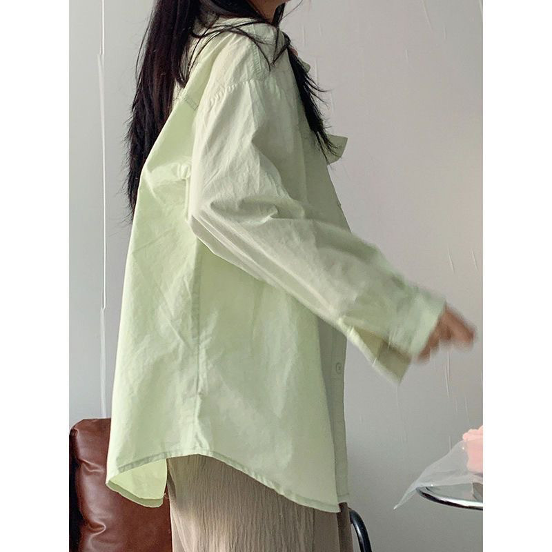 Vintage Hong Kong Style Fresh-style Matcha Green Collar Shirt Women's Autumn New High-end Long-sleeved Top Shirt