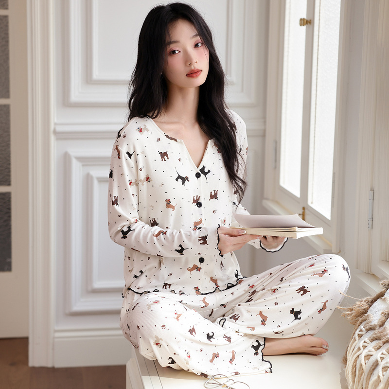 （控价69.9元）秋季新款7030彩棉螺纹短款开衫长袖长裤睡衣女套装|undefined