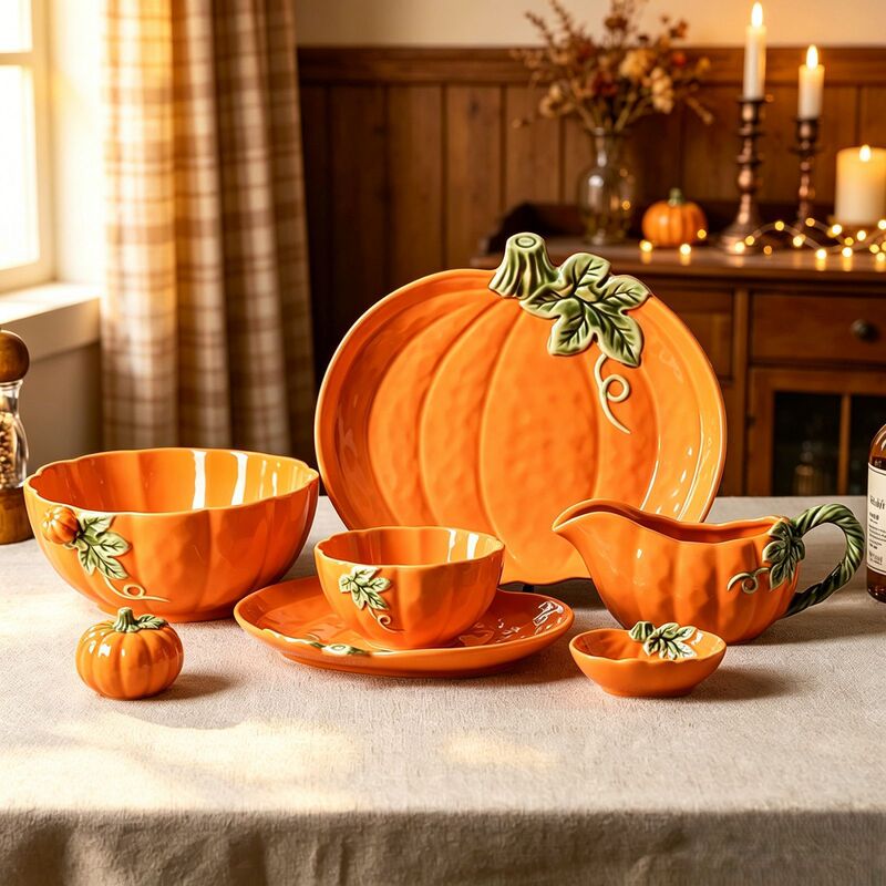 Foreign trade 3D relief pumpkin ceramic tableware set, Halloween and Thanksgiving themed bowls and plates, festive home decor gift Foreign trade 3D relief pumpkin ceramic tableware set, Halloween and Thanksgiving themed bowls and plates, festive home decor gift