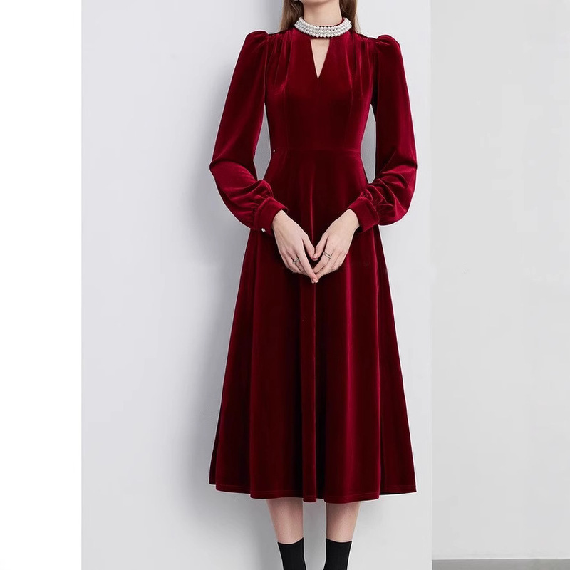 Black Velvet dress Women's Autumn Pearl Beaded Long Elegant Red Toasting Dress Dress