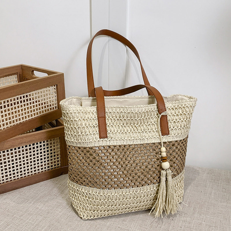 Hand-Woven Women's Straw Bag - Travel Handbag, Shoulder Bag, Beach Bag, Vacation Tote - Thumbnail 6