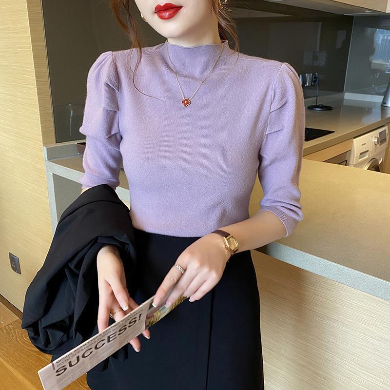 Early Autumn Puff Sleeve Top for Women, Three-Quarter Sleeve Half Turtleneck Knitwear for Women, New Style Mid-Sleeve Bottoming Knitwear for Women