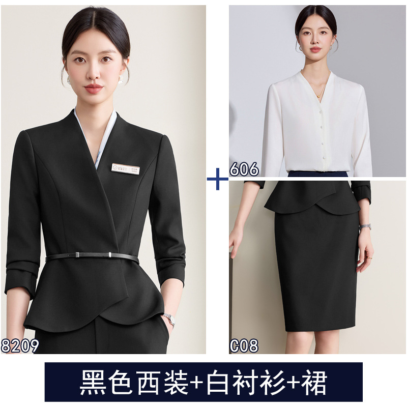 Black suit + skirt + white shirt