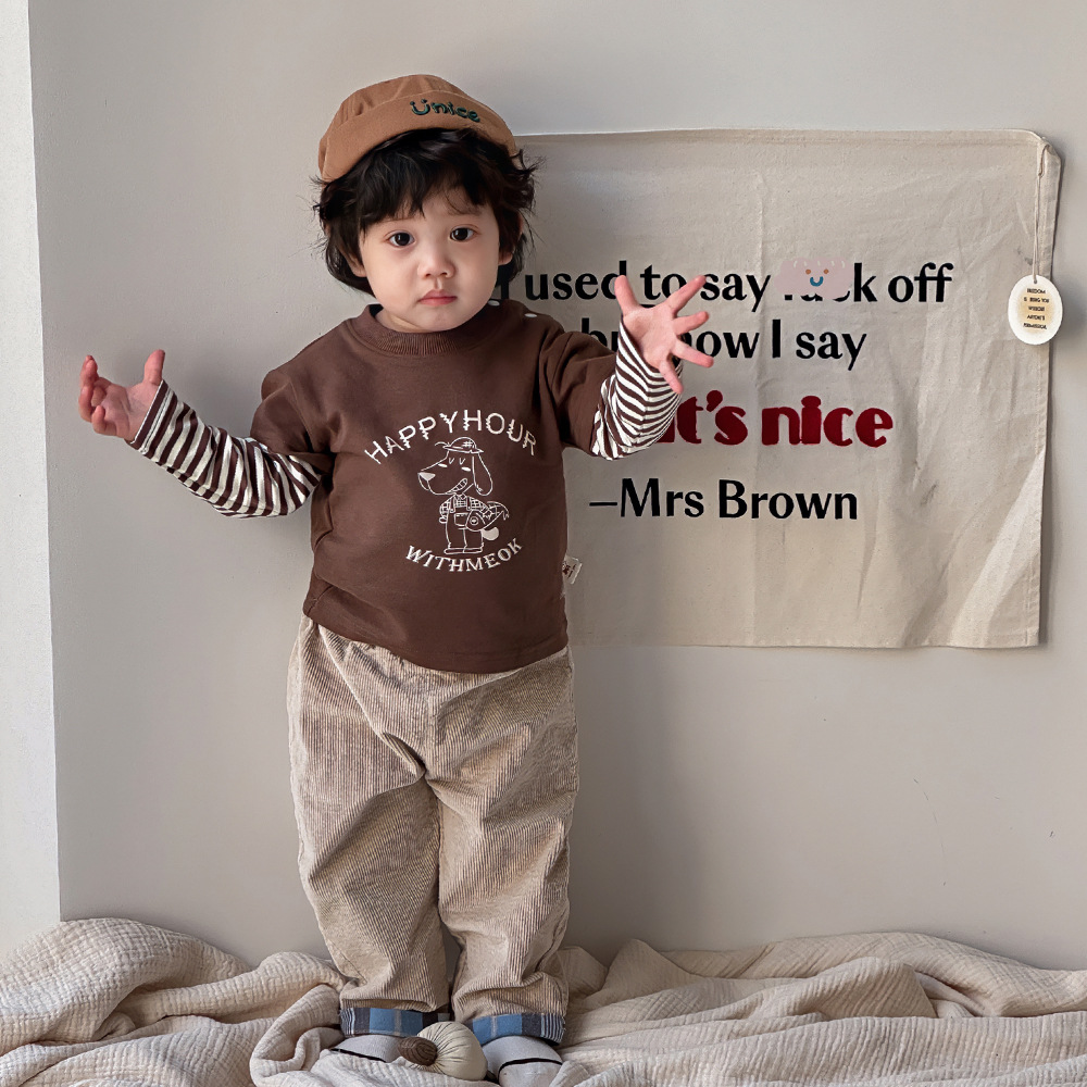 2024 otoño nuevo producto ropa para niños impresión de dibujos animados falso dos versión coreana de la moda fresca suéter de la calle frito tops de todo fósforo para niños