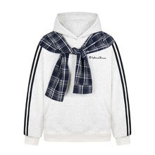 假两件披肩格子连帽卫衣男士欧美潮牌拼色双层帽子设计感套头帽衫