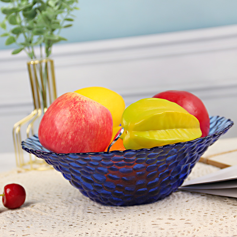 Patrón de martillo de vidrio azul de estilo europeo plato de fruta Nórdico creativo plato de ensalada de frutas plato de vidrio plato de fruta de color