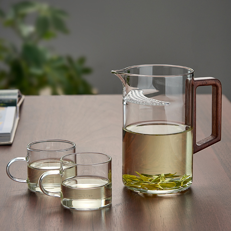木把月牙过滤公道杯创意大容量茶海匀杯高硼硅玻璃功夫茶具分茶器