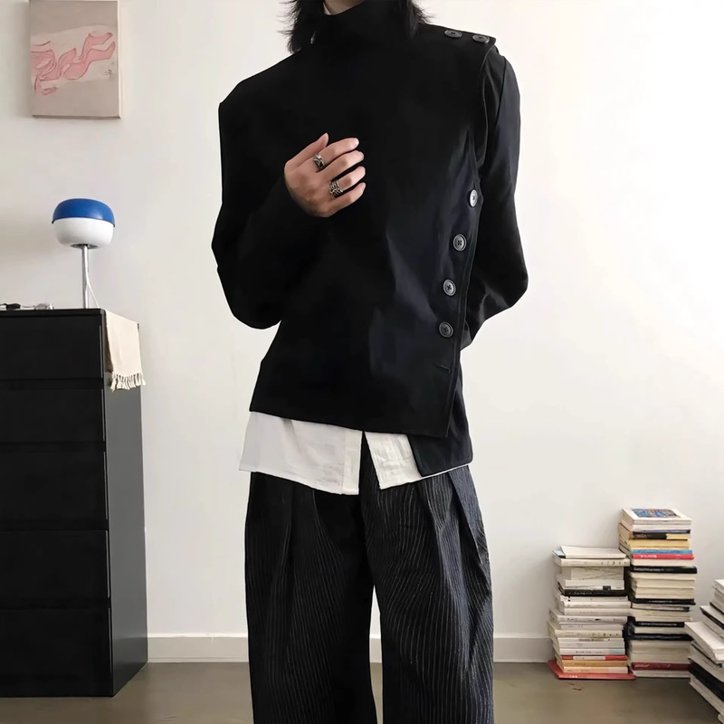 Cleanfit Black Short Fencing Jacket for Men, Spring and Autumn, Irregular Design, Multi-Style American-Style Jacket Cleanfit Black Short Fencing Jacket for Men, Spring and Autumn, Irregular Design, Multi-Style American-Style Jacket