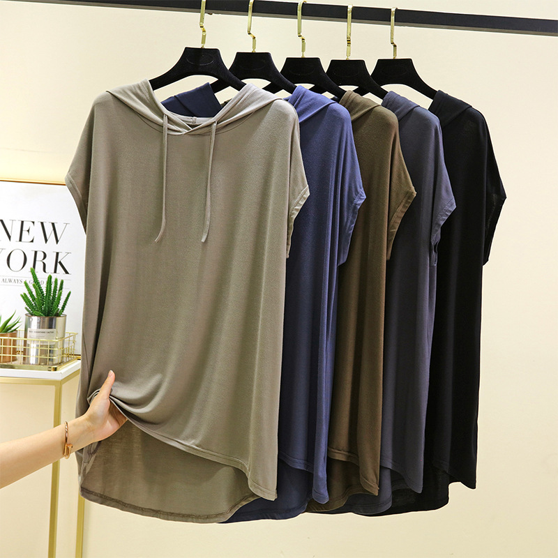 Summer Mid-Length Hooded Short-Sleeved T-Shirt for Women Modal Loose Casual Thin Outer Top Large Size Bottoming Shirt