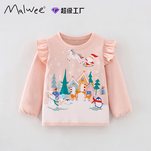 Cross-border malwee girls' T-shirt new winter European and American middle and small children round neck long sleeve cute little girl autumn top