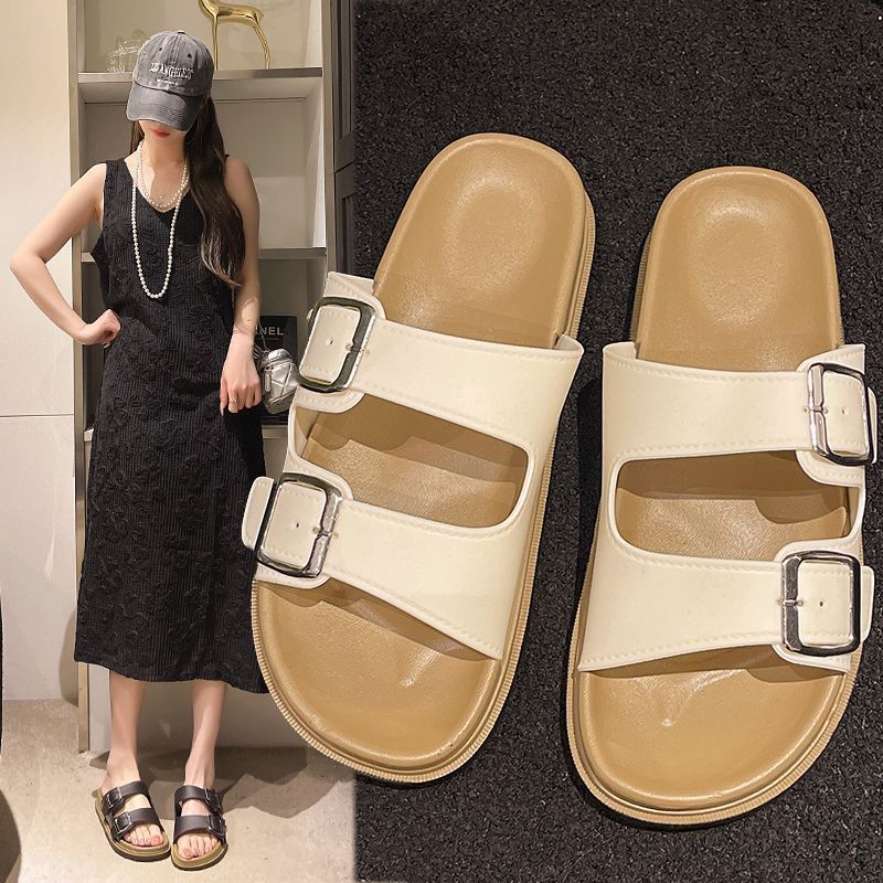 Zapatos Bocken mujeres 2025 verano nuevo tipo de ropa exterior antideslizante confortable playa de doble botón plano Bocken zapatillas