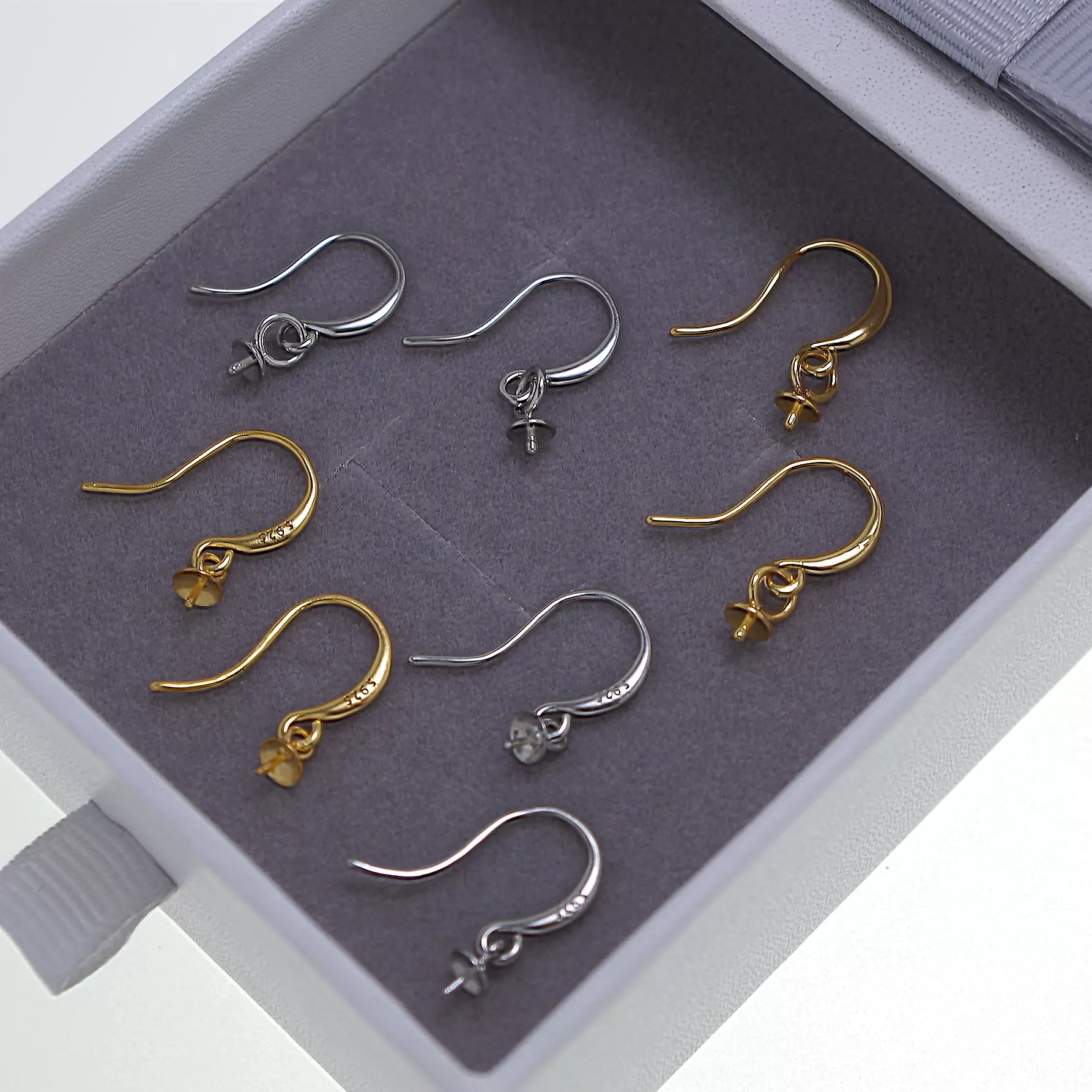 通体S925純銀长颈耳钩空托配件DIY珍珠耳环圆珠托耳坠钩耳钉托