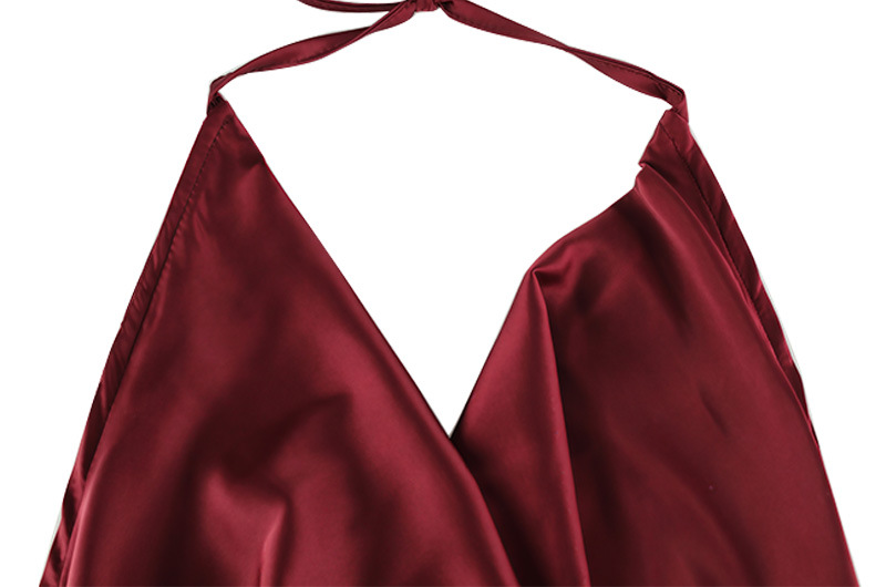Low Cut Halter Swing Collar Sexy Backless Wine Red Slim Fit Graceful Satin Dress