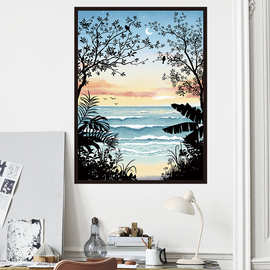 夜空海面平面相框效果墙贴画PVC无框卧室沙发背景墙面装饰贴纸