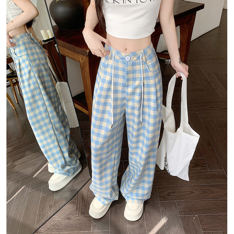 多巴胺蓝色休闲格子裤女夏季大码新款薄款直筒宽松阔腿拖地长裤子|undefined