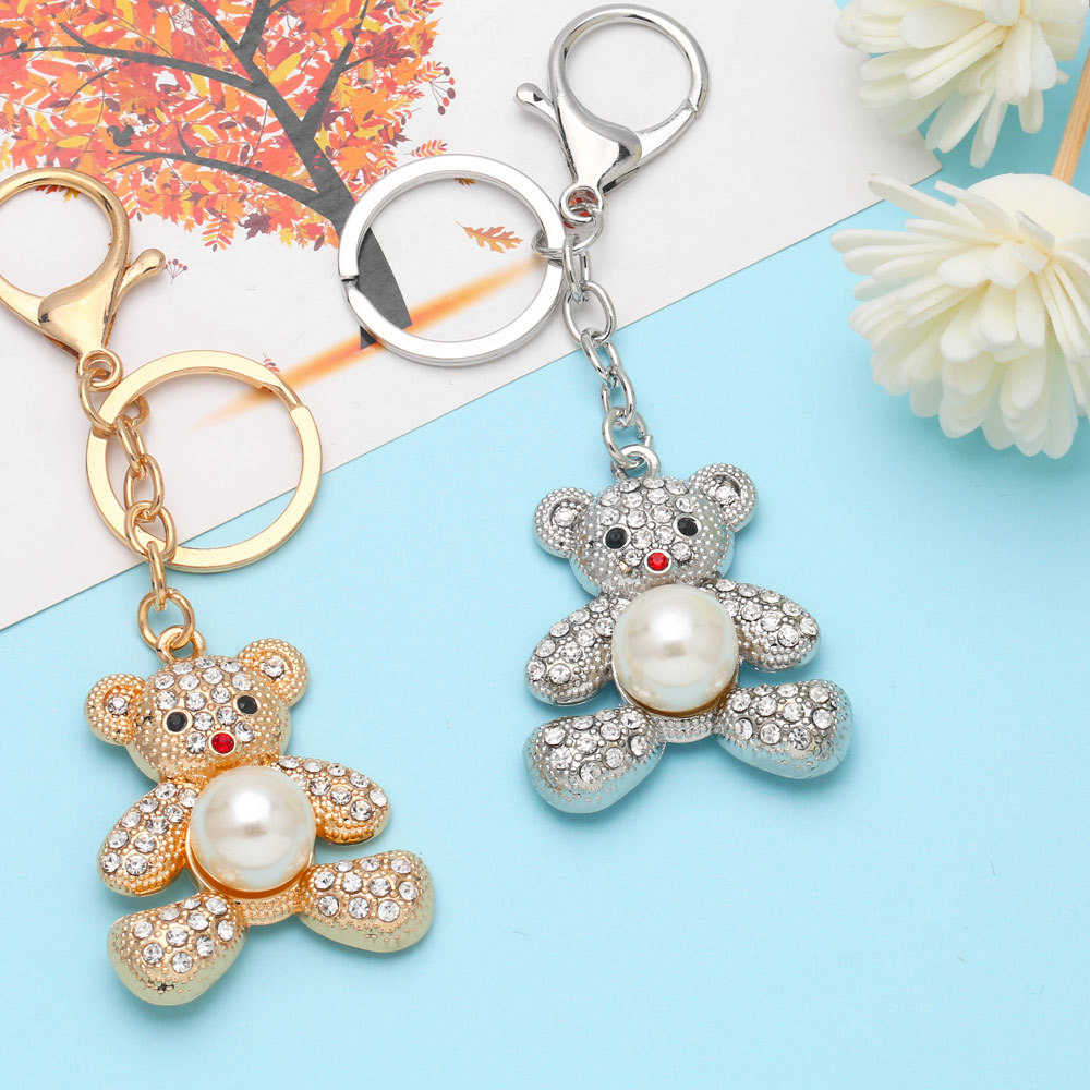 Cute Creative Pendant Bear Pearl Inlaid Rhinestone Alloy Key Chain display picture 4