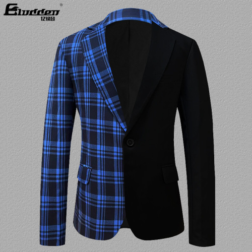 Men's black white plaid jazz dance blazers suit jacket double color stitching coat singer host dancers color matching dress costumes MC host leisure suit