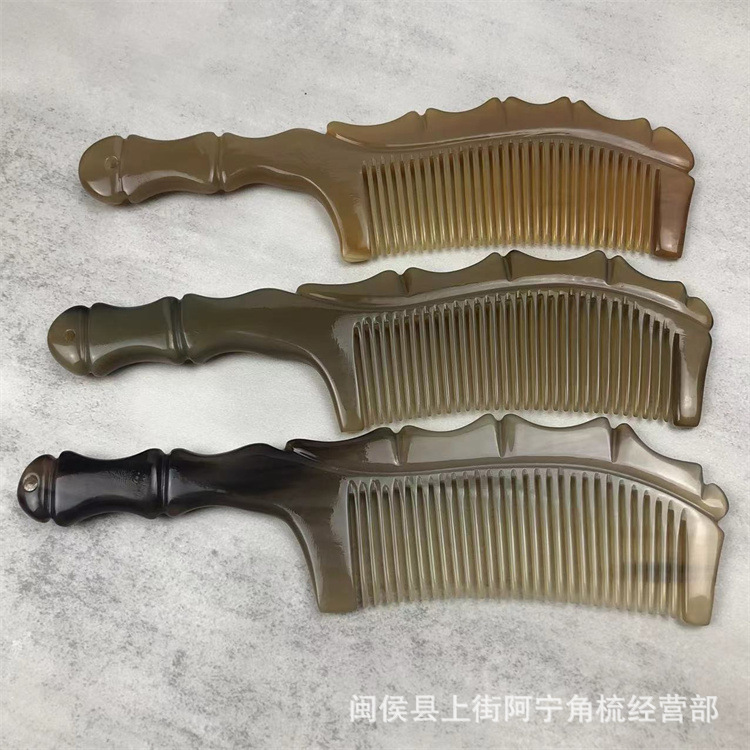 Handmade Horn Comb Bamboo Joint Handle Fine Teeth Carved Thick Round Grip 20cm specifications