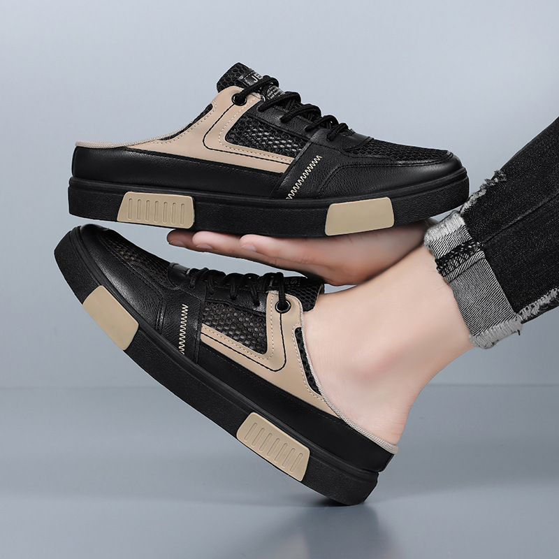 Zapatos de hombre de gran tamaño, estilo de explosión de verano, malla hueca y transpirable para adolescentes, sin tacón, medias pantuflas Baotou para hombres