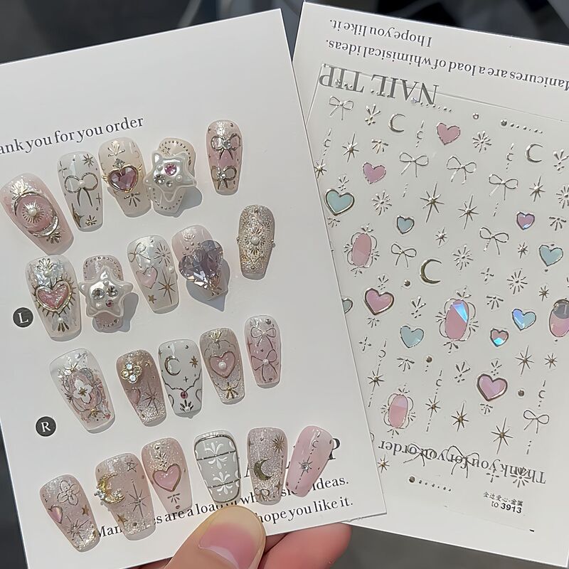 French-Style Nail Stickers, Internet Celebrity Flash Heart Bow Star Moon Nail Stickers, Wearable Nail Art Decorations French-Style Nail Stickers, Internet Celebrity Flash Heart Bow Star Moon Nail Stickers, Wearable Nail Art Decorations