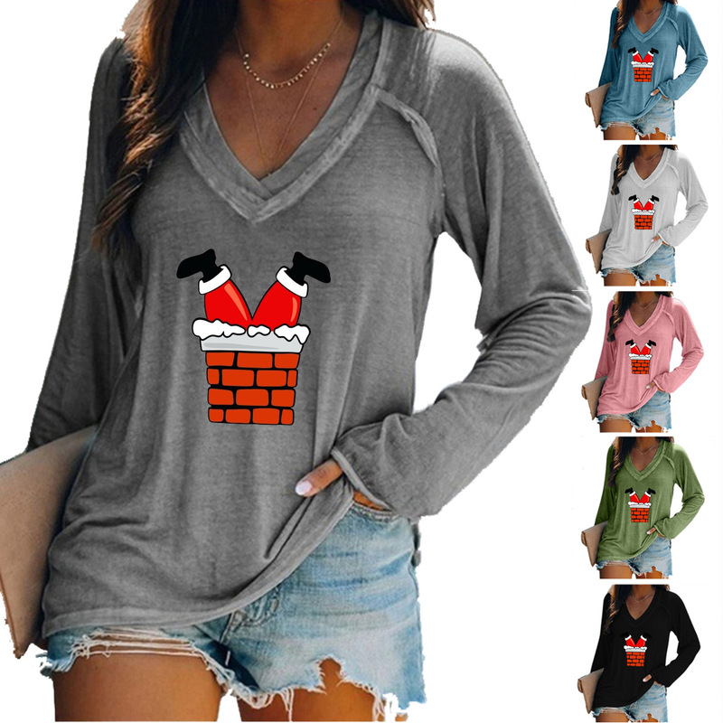 2020 cross-border EaBY Amazon wish printed long sleeve V-neck stitching casual large size T-shirt top women's clothing