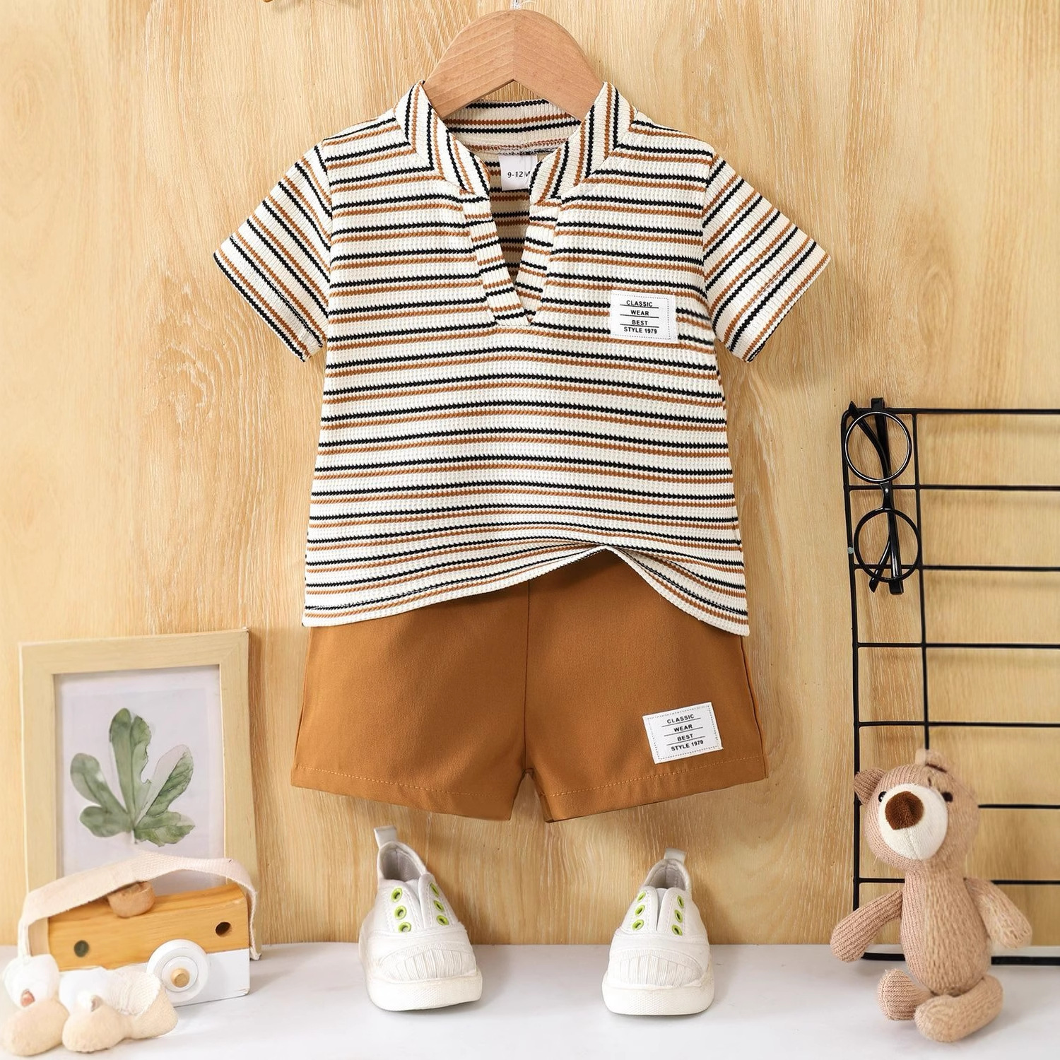 Cross-Border Exclusive Summer Boys' V-Neck Short-Sleeve Striped Knit Top with Light Brown Shorts Casual Two-Piece Set