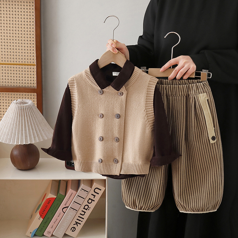 7752 Traje para niños 2025 Primavera y otoño Nuevo estilo para niños Chaleco de estilo occidental Pantalones casuales Camisa de tres piezas