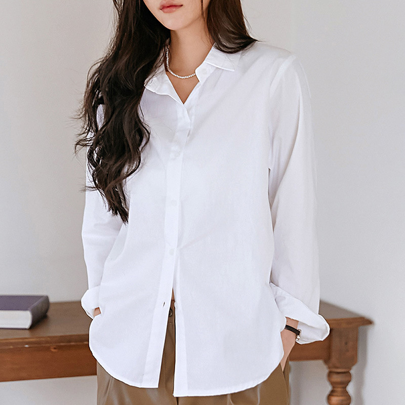 프랑스 스타일 우아한 긴팔 셔츠 여성용 퓨어 코튼 루즈 기본 올 매치 폴로 칼라 셔츠 디자인 센스 니쉬 인
