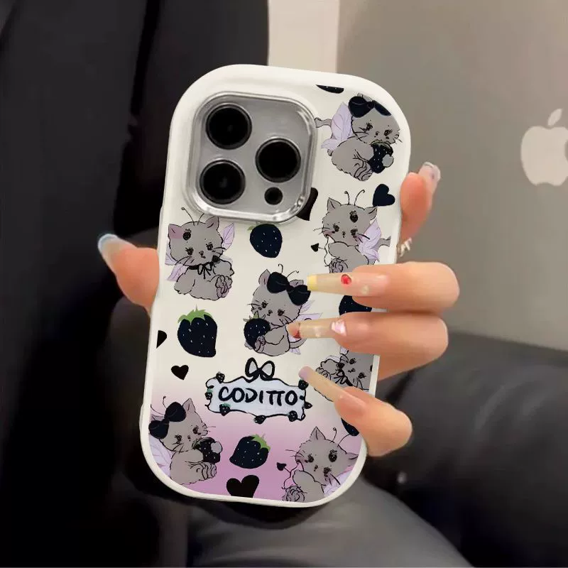 Чехол для телефона, совместим с Apple, клубничный дизайн, с котом, для iPhone 16, 16 Pro Max, 12