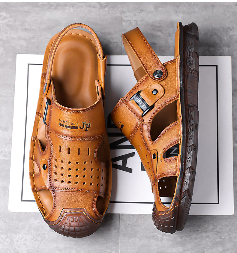 Dép sandal bít mũi nam da bò lớp đầu, đế mềm thân mềm, kiểu xỏ chân hai cách đi — G6951 màu nâu vàng, G6951 màu đen chi tiết 15