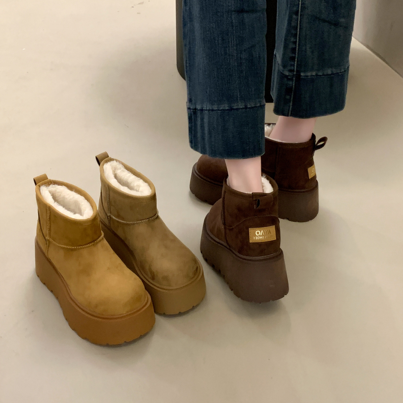 6cm复古圆头中筒棉鞋2025秋冬新款套筒雪地靴时尚一脚蹬加绒女鞋