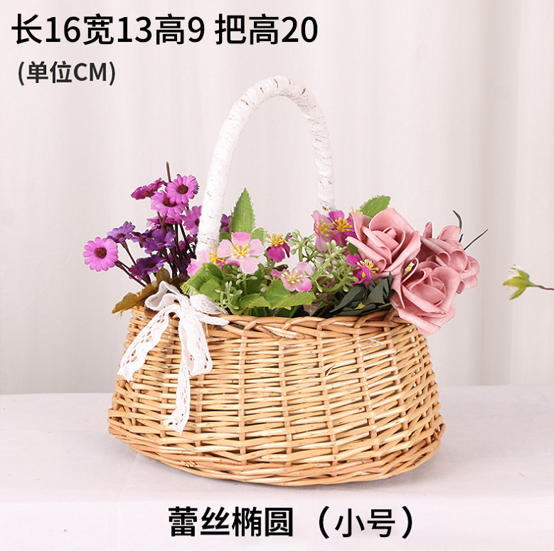 Regalo DE LA MANO perla princesa cesta sauce ratán tejida olla verde rosa flor niños foto cesta arco cinta portátil flor cesta