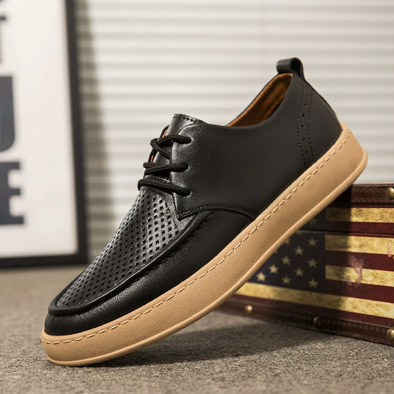 Кроссовки мужские 2024 летние новые дышащие полые кожаные туфли мужские кожаные плоские шнурки с дикими повседневными белыми туфлями