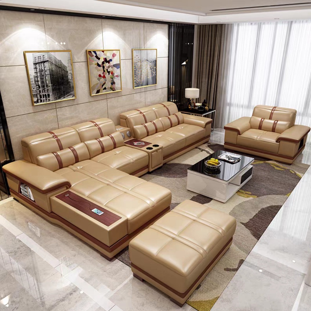 Sofá de cuero genuino amarillo piel de vaca esquina sofá chaise estilo moderno sala de estar apartamento grande y pequeño fila recta madera maciza luz sofá de lujo