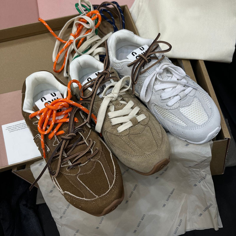 High-End! Swfk~Miu Joint 530 Sneakers Apricot White Mesh Genuine Leather Moral Training Lace-Up Couple Casual Shoes