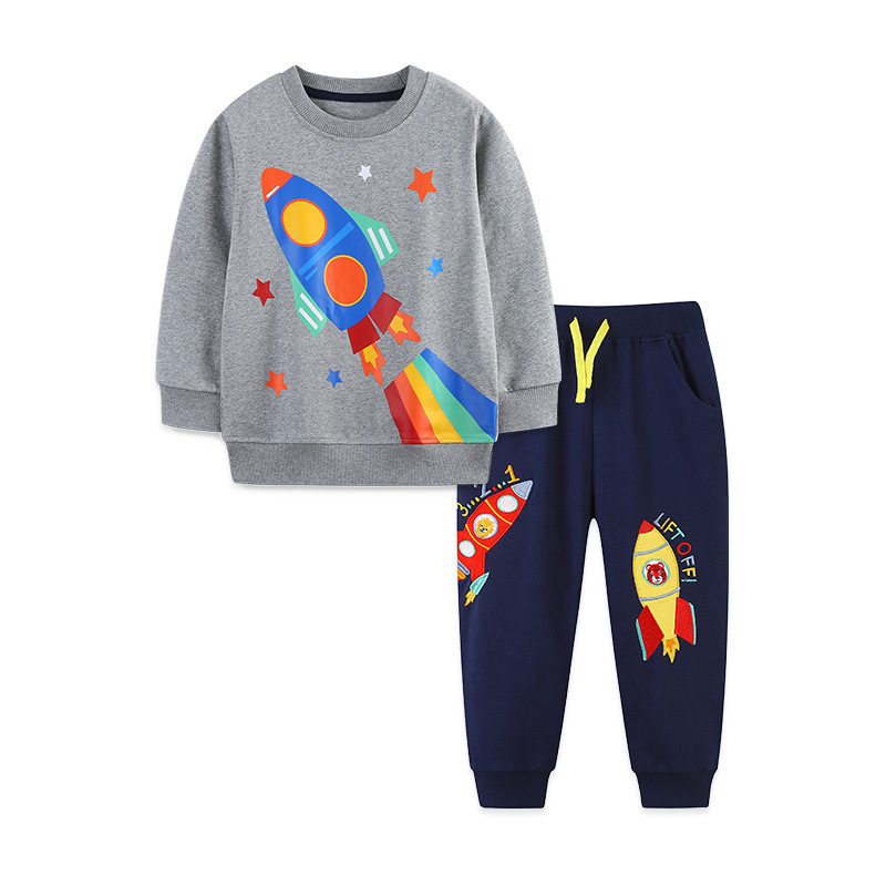 工場直接販売男の子長袖スーツファッションロケットプリントラウンドネックプルオーバーファッション刺繍子供スウェットパンツ|undefined