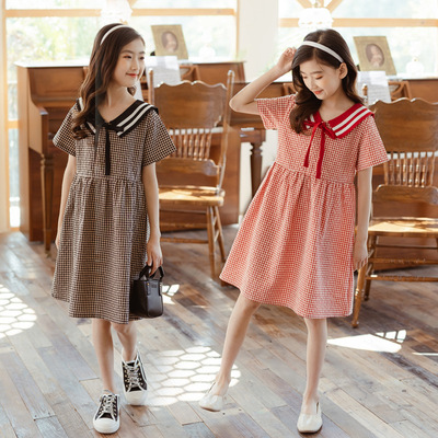 2021 girl Students dress bow summer Korean Edition lattice Princess Dress Short sleeved Little Girl Long skirts