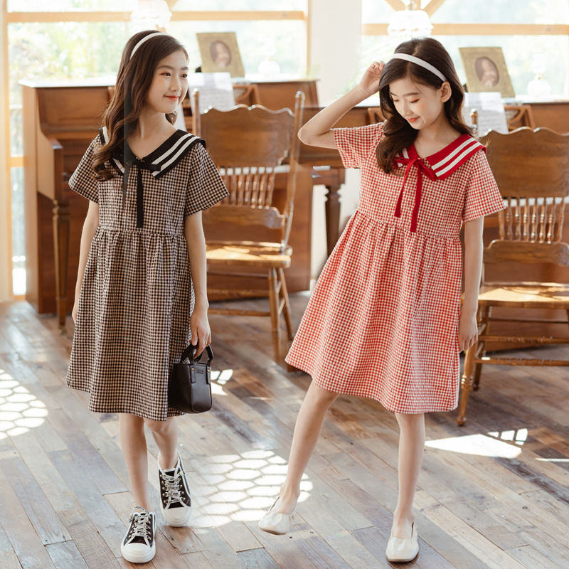 2021 girl Students dress bow summer Korean Edition lattice Princess Dress Short sleeved Little Girl Long skirts