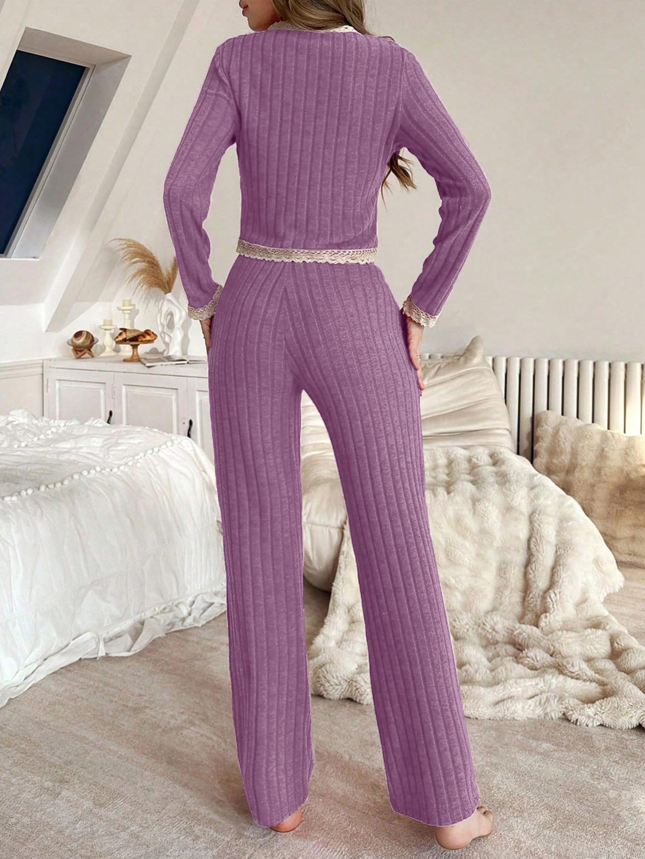 Women's Cropped Pajamas - Lace Trim Top & Pants Set, Stylish Home Wear_voghion.com